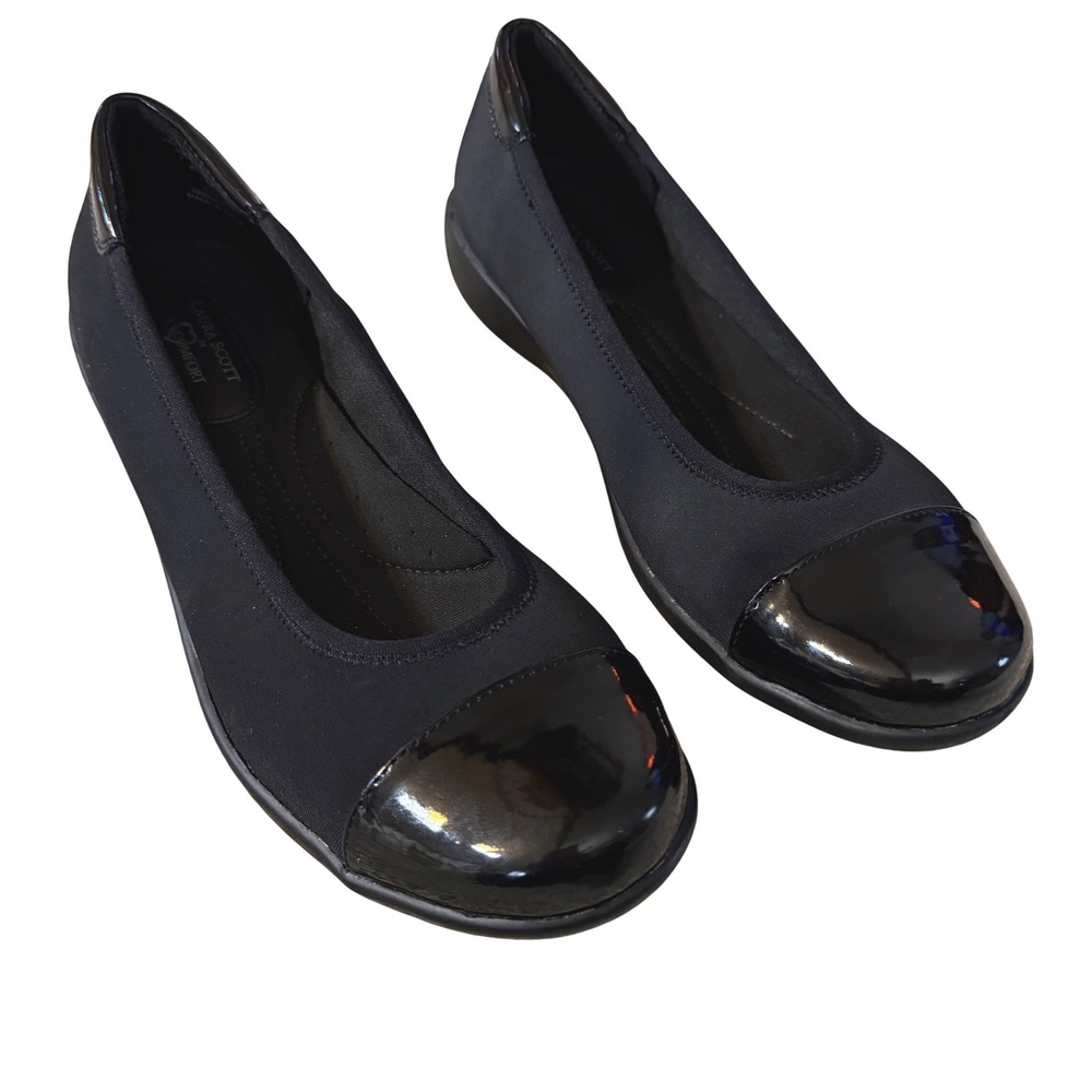 Laura Scott Comfort Women Black Cap‎ Toe Low Wedge Ballet Flats Shoes Size 9